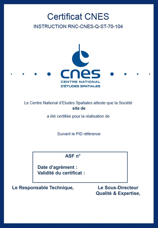 Diplôme de certification pour les industriels agréés par le CNES